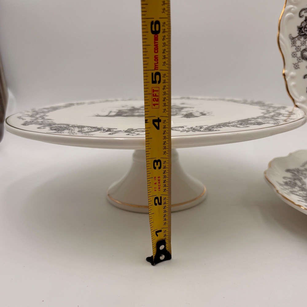 Gothic Haunted House Toile Cake Stand and Dinner Plates Set of 3 Gold Rim - Picture 5 of 7